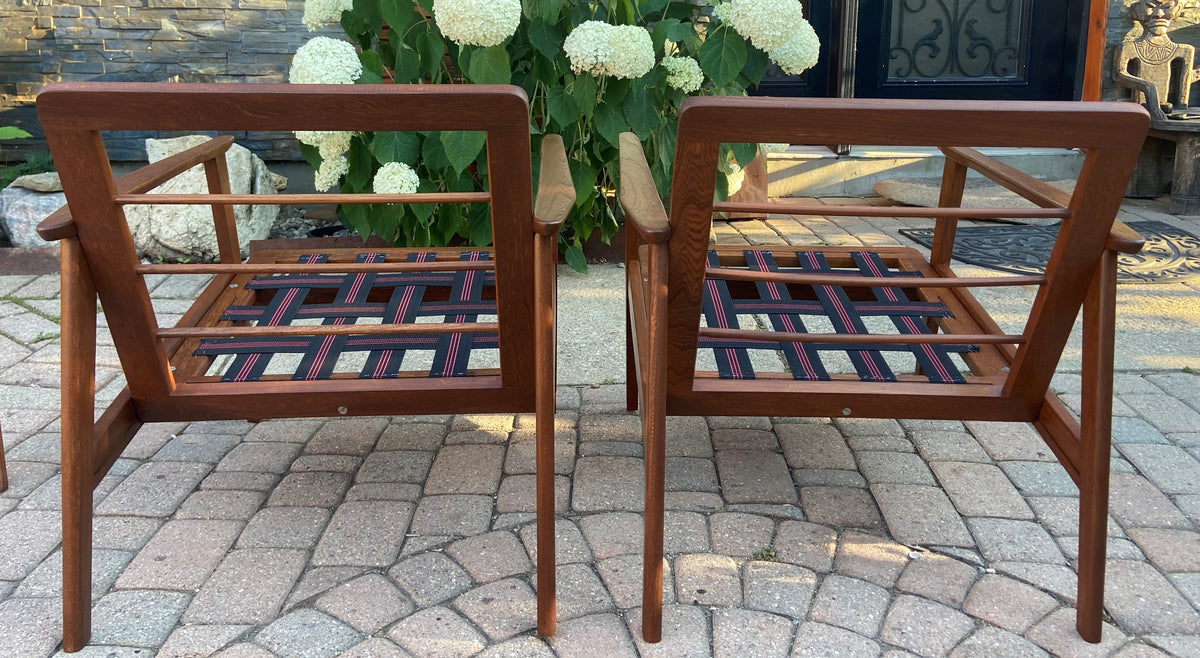 A pair of REFINISHED Mid Century Modern Lounge Chairs will get New Cushions