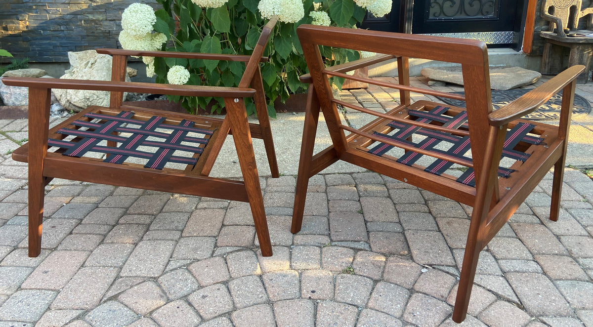 A pair of REFINISHED Mid Century Modern Lounge Chairs will get New Cushions