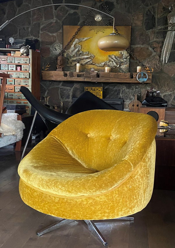 RESTORED MCM Round Swivel Chair Baughman Style in Mustard Yellow Wool Mohair