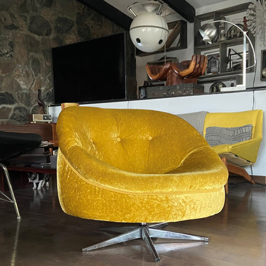 RESTORED MCM Round Swivel Chair Baughman Style in Mustard Yellow Wool Mohair
