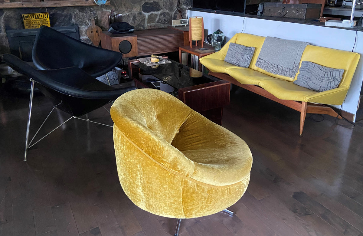 RESTORED MCM Round Swivel Chair Baughman Style in Mustard Yellow Wool Mohair
