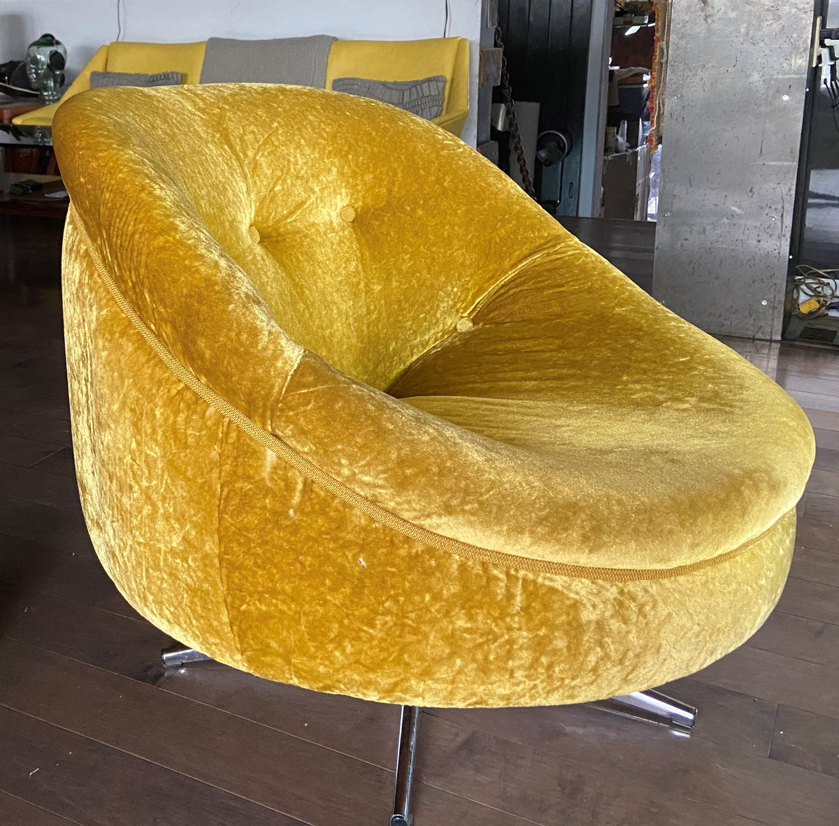RESTORED MCM Round Swivel Chair Baughman Style in Mustard Yellow Wool Mohair