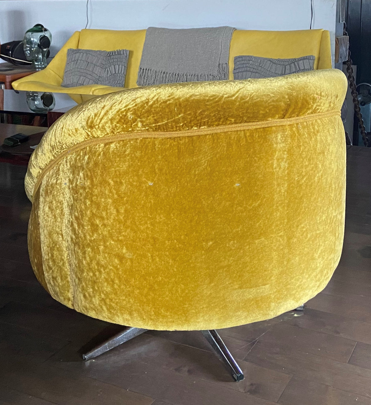 RESTORED MCM Round Swivel Chair Baughman Style in Mustard Yellow Wool Mohair
