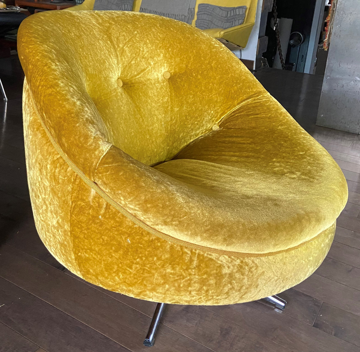 RESTORED MCM Round Swivel Chair Baughman Style in Mustard Yellow Wool Mohair