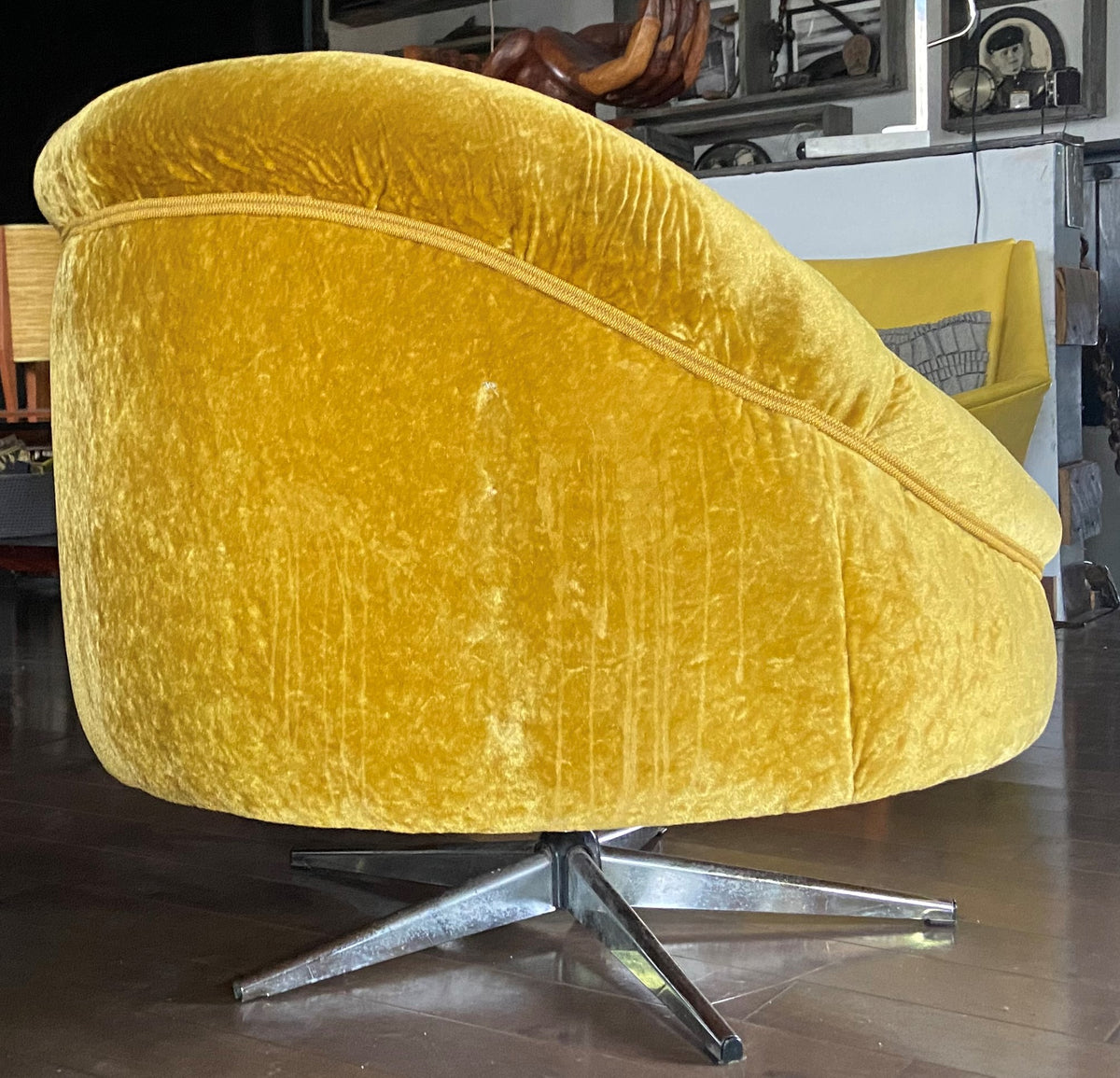 RESTORED MCM Round Swivel Chair Baughman Style in Mustard Yellow Wool Mohair