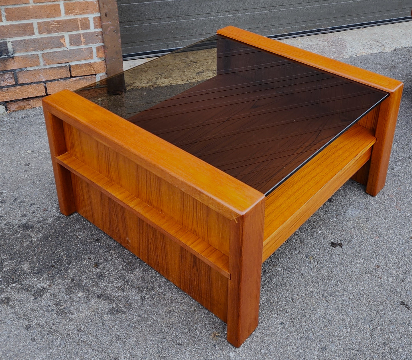 REFINISHED Mid Century Modern Teak & Glass Coffee Table with Storage