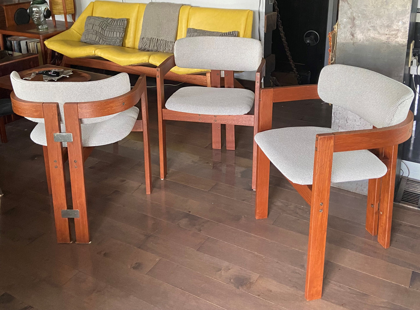 2 REFINISHED REUPHOLSTERED in Maharam Mid Century Modern teak armchairs, Perfect (3 pairs available)