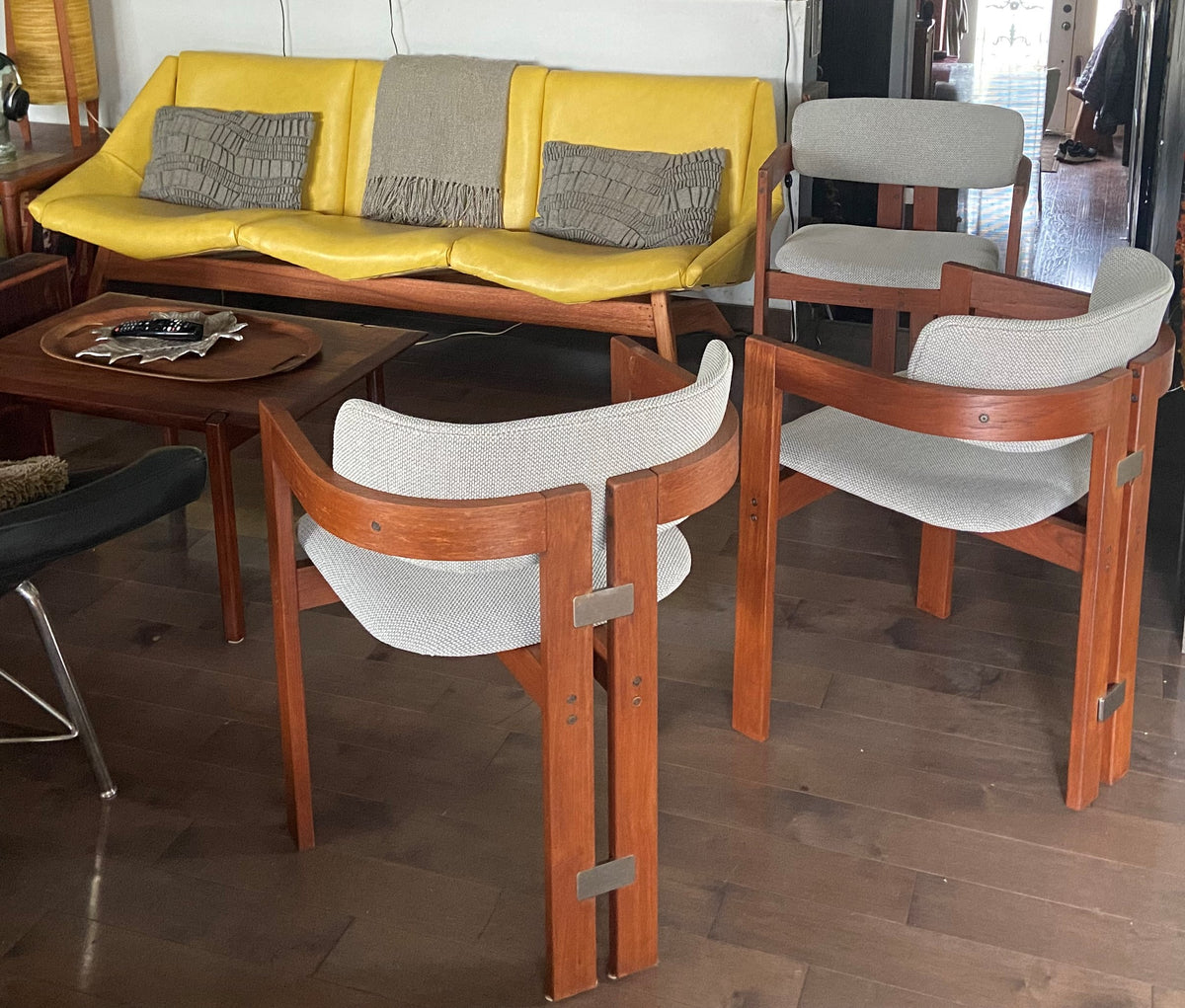 2 REFINISHED REUPHOLSTERED in Maharam Mid Century Modern teak armchairs, Perfect (3 pairs available)