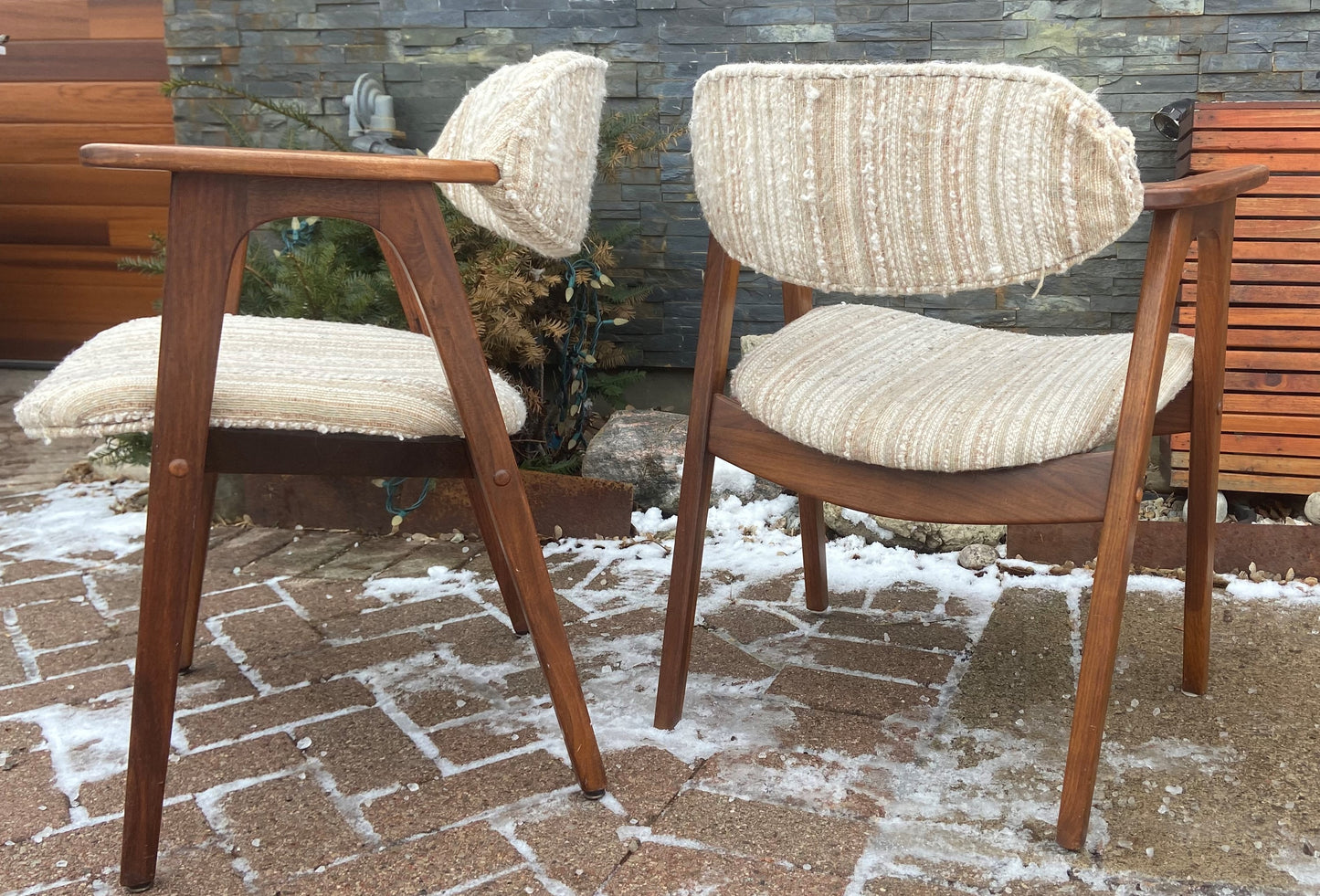 Set of 2 REFINISHED REUPHOLSTERED Mid Century Modern walnut armchairs