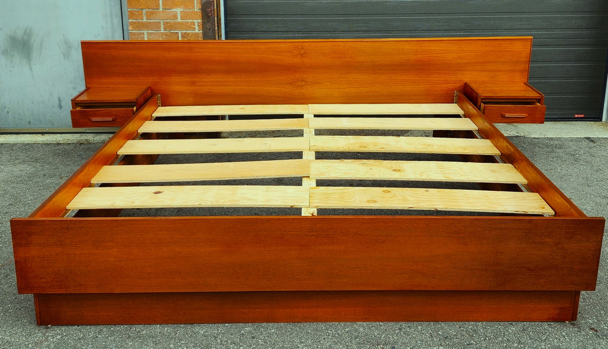 REFINISHED Mid Century Modern Teak Bed King w Floating Bedside Tables