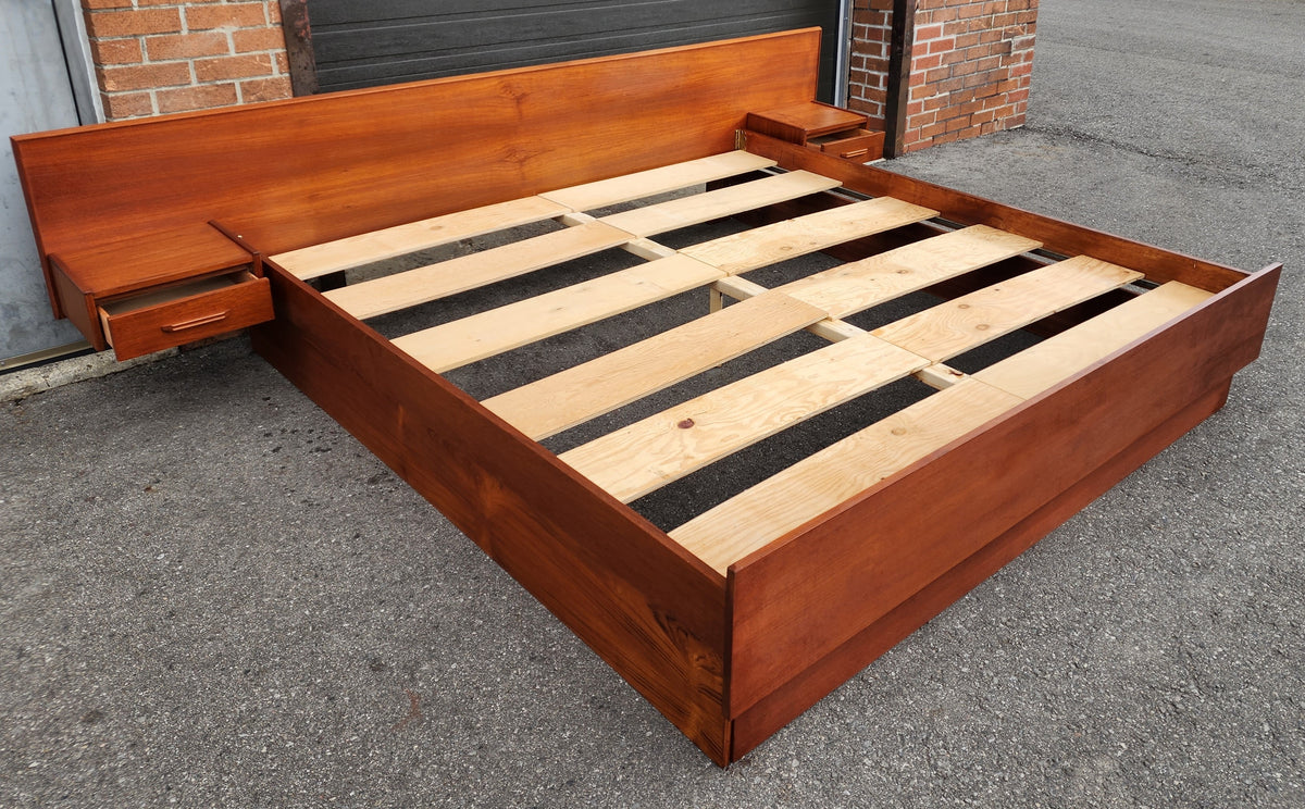 REFINISHED Mid Century Modern Teak Bed King w Floating Bedside Tables