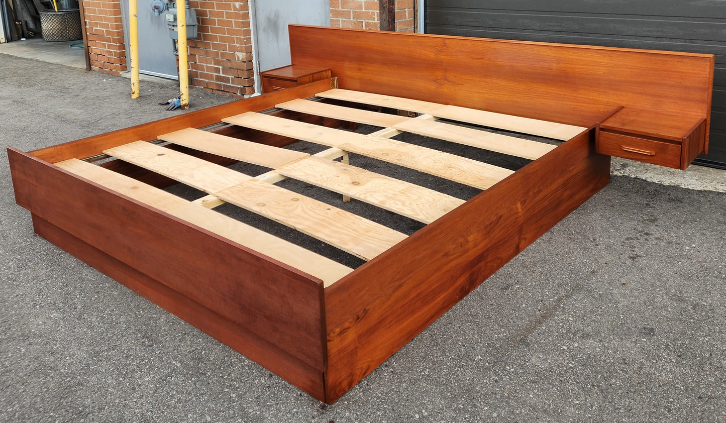 REFINISHED Mid Century Modern Teak Bed King w Floating Bedside Tables