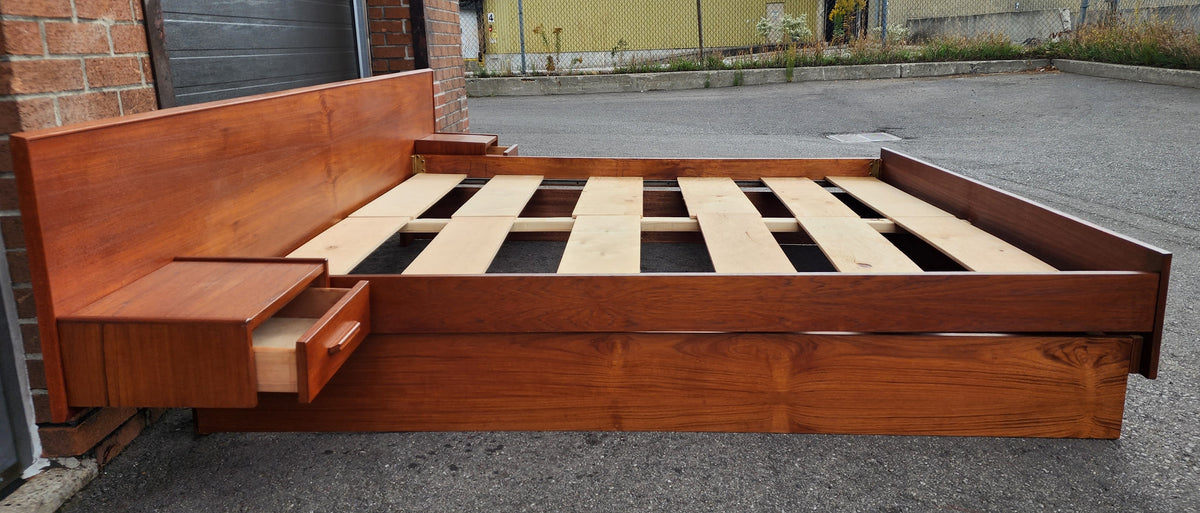 REFINISHED Mid Century Modern Teak Bed King w Floating Bedside Tables