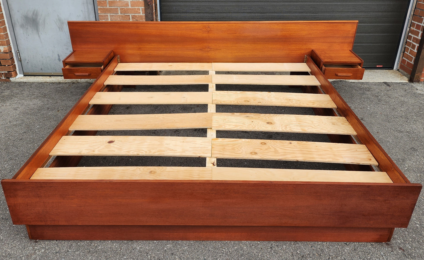 REFINISHED Mid Century Modern Teak Bed King w Floating Bedside Tables