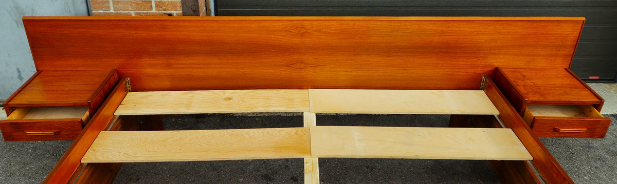 REFINISHED Mid Century Modern Teak Bed King w Floating Bedside Tables