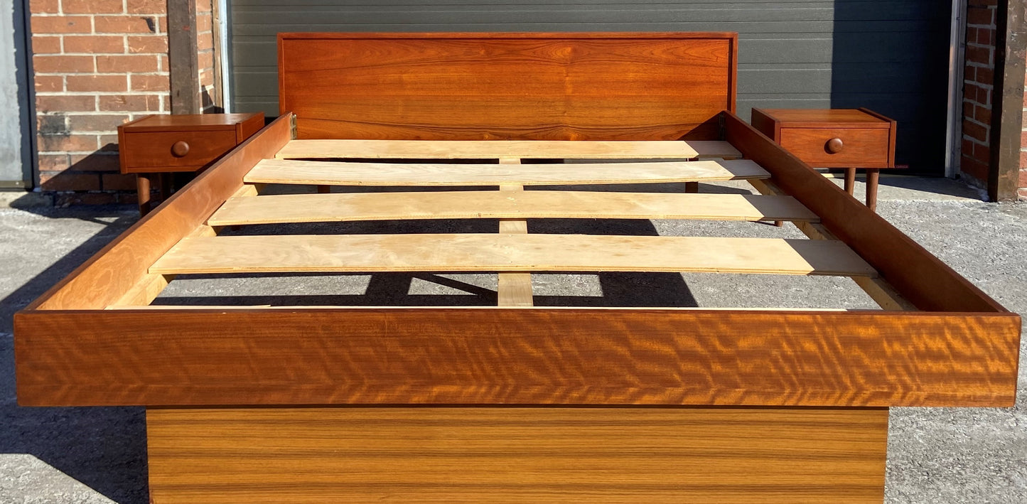 REFINISHED Mid Century Modern Teak Queen Bed w 2 Nightstands