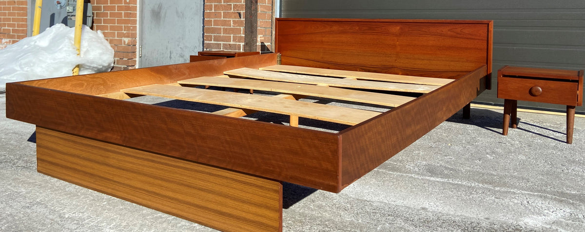 REFINISHED Mid Century Modern Teak Queen Bed w 2 Nightstands