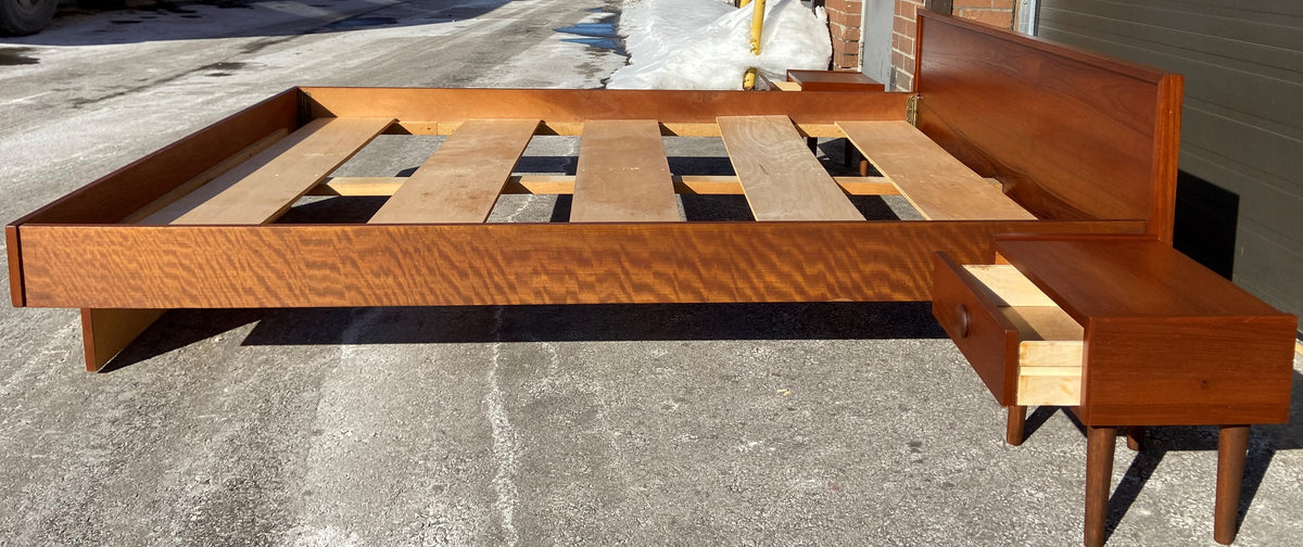REFINISHED Mid Century Modern Teak Queen Bed w 2 Nightstands