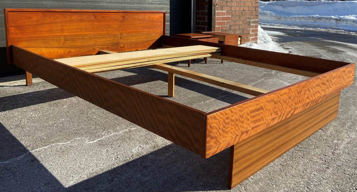 REFINISHED Mid Century Modern Teak Queen Bed w 2 Nightstands