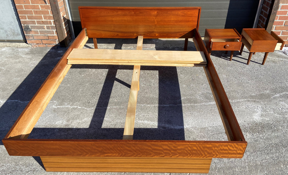REFINISHED Mid Century Modern Teak Queen Bed w 2 Nightstands
