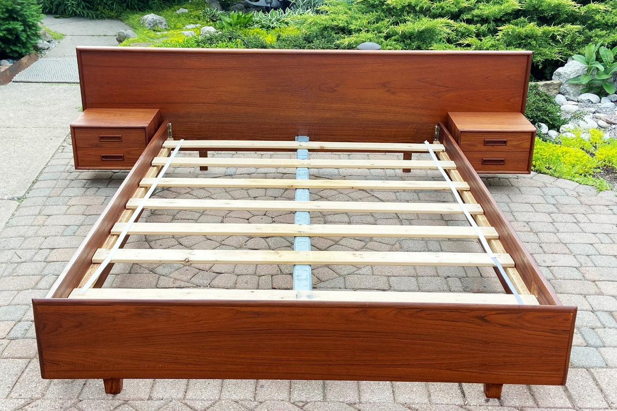 REFINISHED Danish Queen Mid Century Modern Teak Bed w floating nightstands, PERFECT