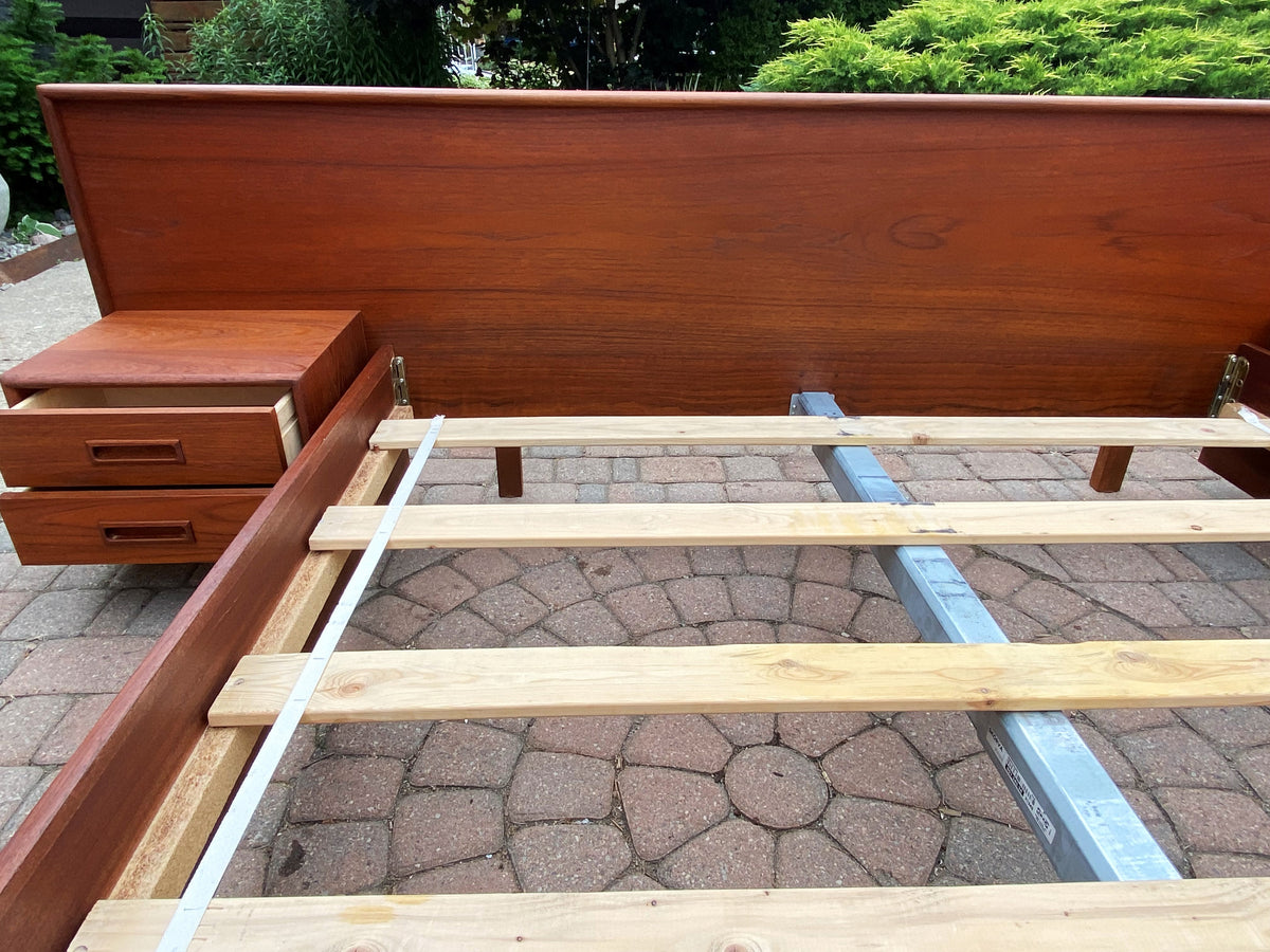 REFINISHED Danish Queen Mid Century Modern Teak Bed w floating nightstands, PERFECT