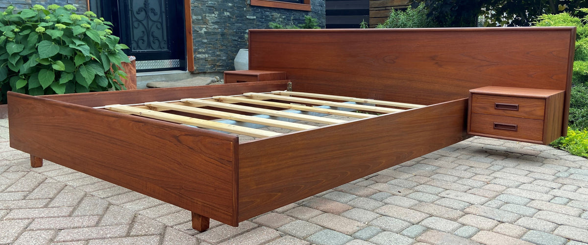 REFINISHED Danish Queen Mid Century Modern Teak Bed w floating nightstands, PERFECT