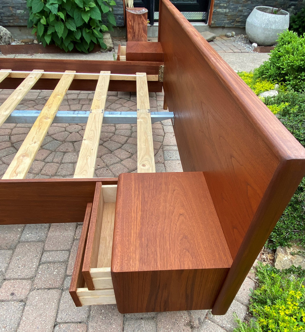 REFINISHED Danish Queen Mid Century Modern Teak Bed w floating nightstands, PERFECT
