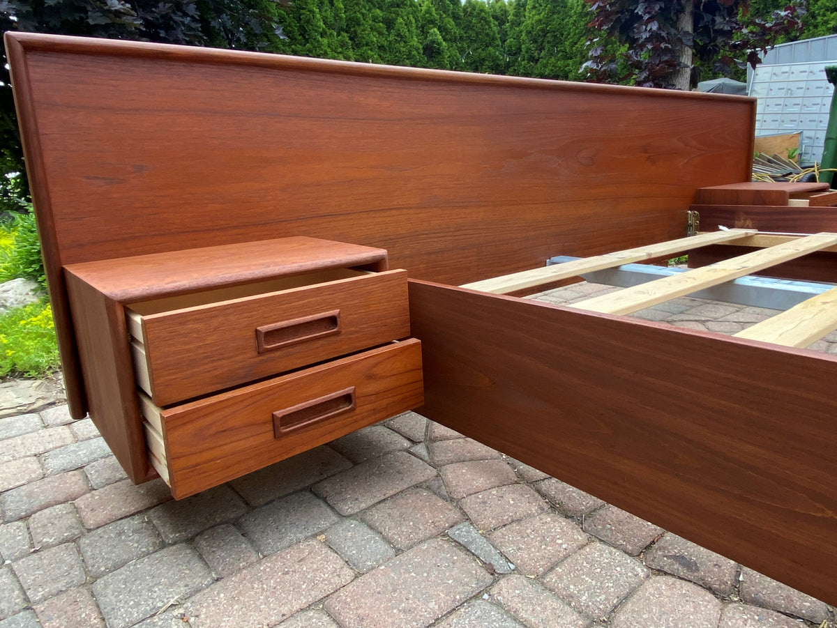 REFINISHED Danish Queen Mid Century Modern Teak Bed w floating nightstands, PERFECT