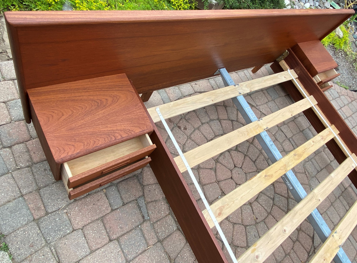 REFINISHED Danish Queen Mid Century Modern Teak Bed w floating nightstands, PERFECT