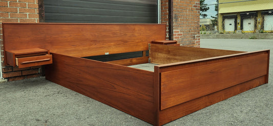 REFINISHED Mid Century Modern Teak Bed King w Floating Nightstands