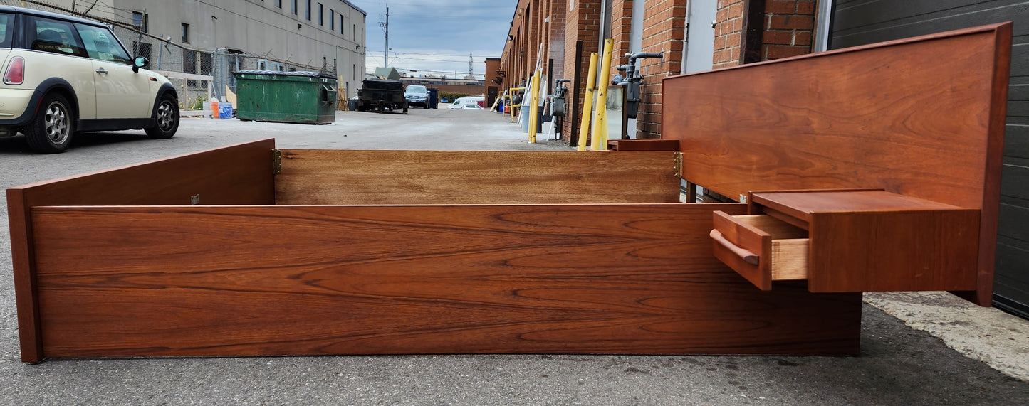 REFINISHED Mid Century Modern Teak Bed King w Floating Nightstands