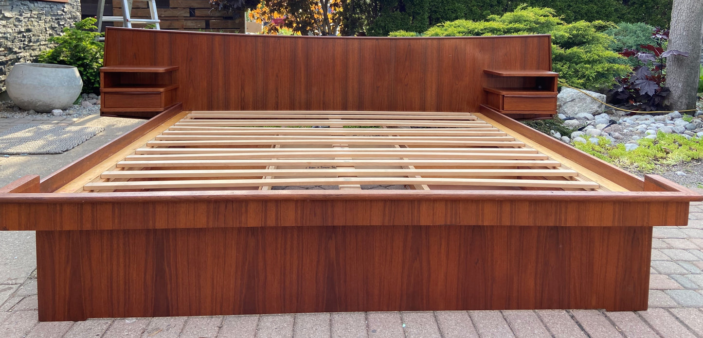 REFINISHED MCM Teak King Bed w Storage Drawers & Floating Night Stands, PERFECT