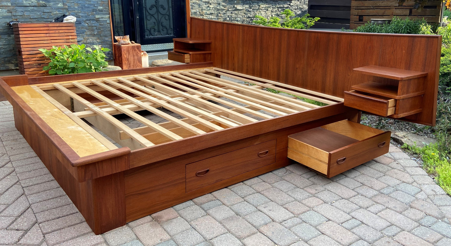 REFINISHED MCM Teak King Bed w Storage Drawers & Floating Night Stands, PERFECT