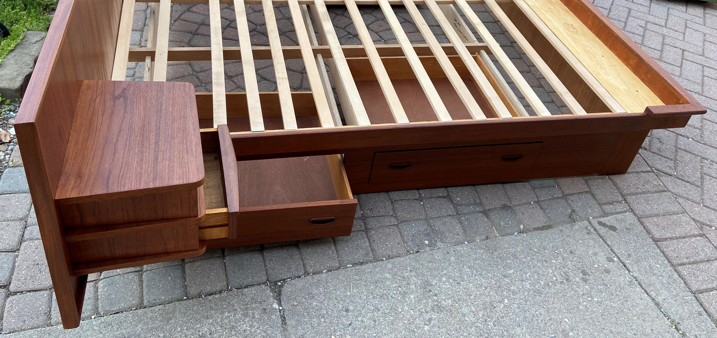 REFINISHED MCM Teak King Bed w Storage Drawers & Floating Night Stands, PERFECT