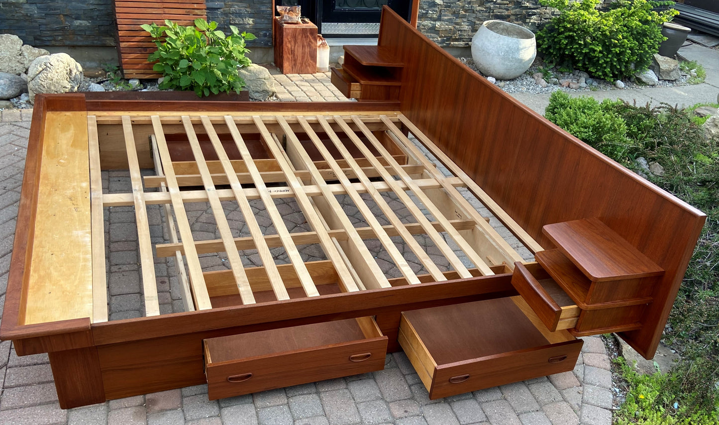 REFINISHED MCM Teak King Bed w Storage Drawers & Floating Night Stands, PERFECT