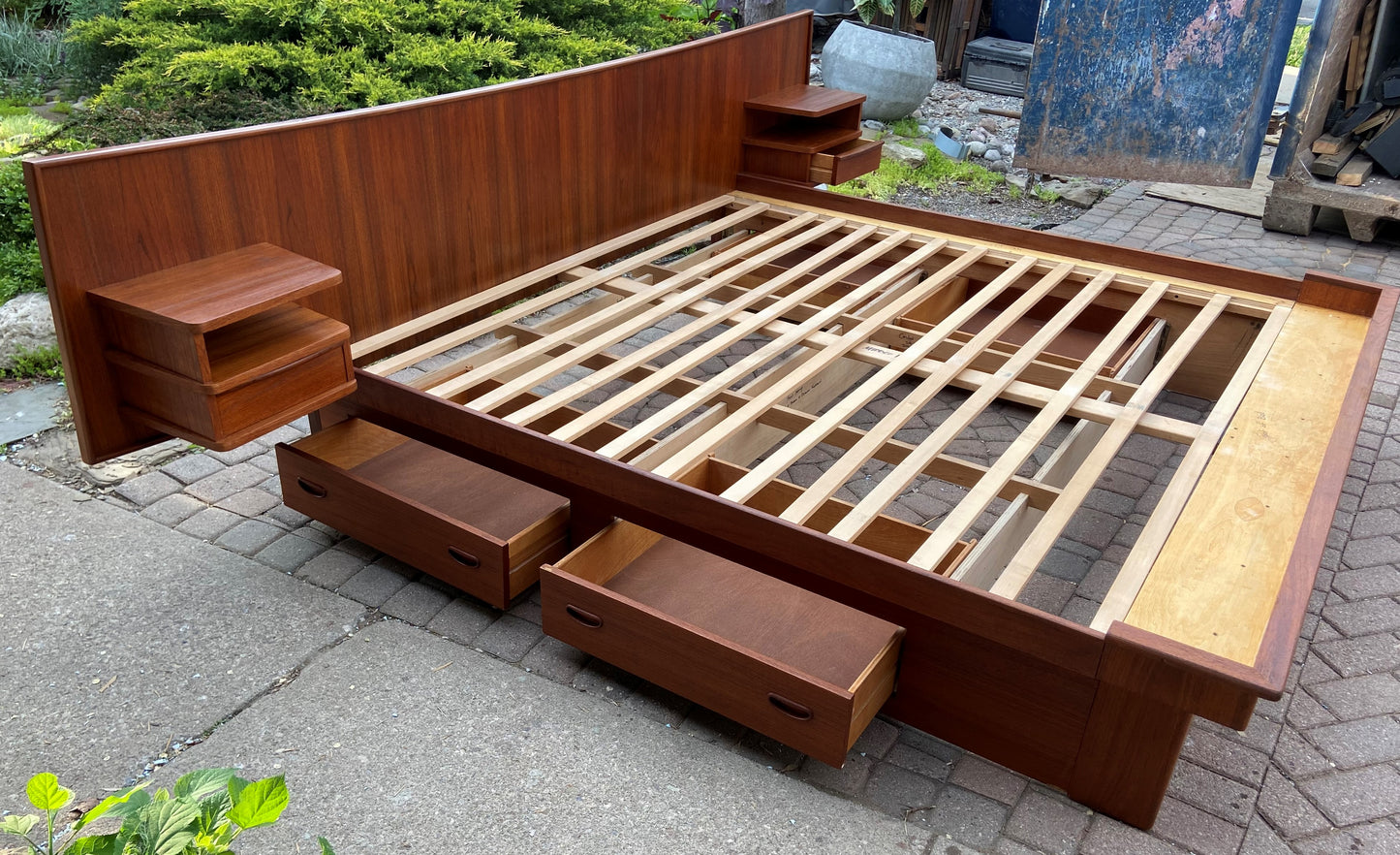 REFINISHED MCM Teak King Bed w Storage Drawers & Floating Night Stands, PERFECT