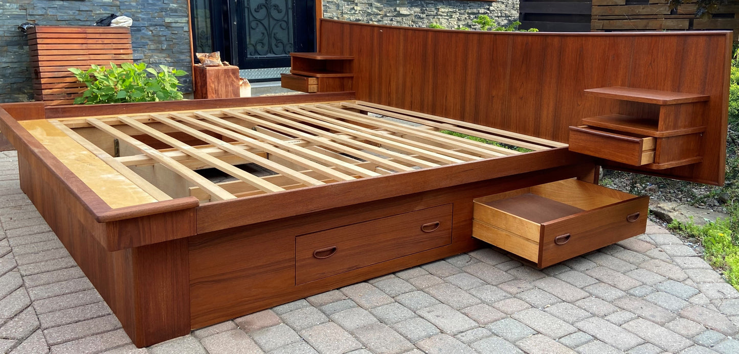 REFINISHED MCM Teak King Bed w Storage Drawers & Floating Night Stands, PERFECT