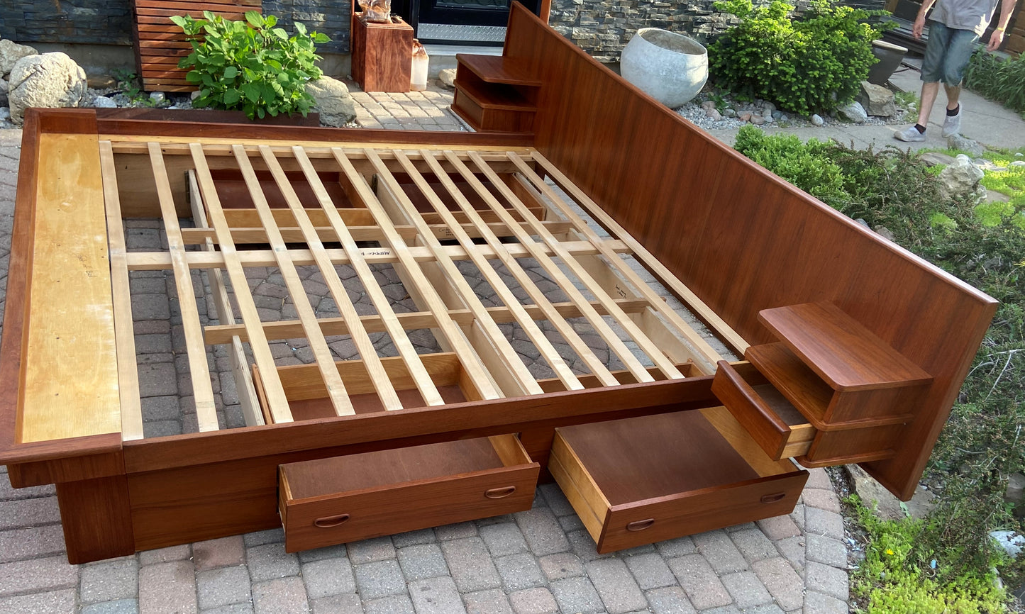 REFINISHED MCM Teak King Bed w Storage Drawers & Floating Night Stands, PERFECT