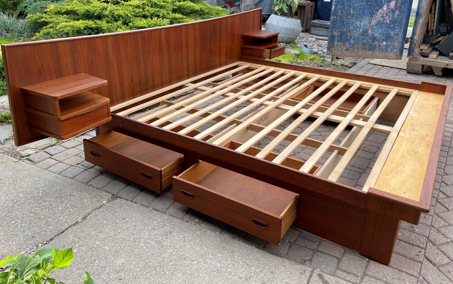 REFINISHED MCM Teak King Bed w Storage Drawers & Floating Night Stands, PERFECT