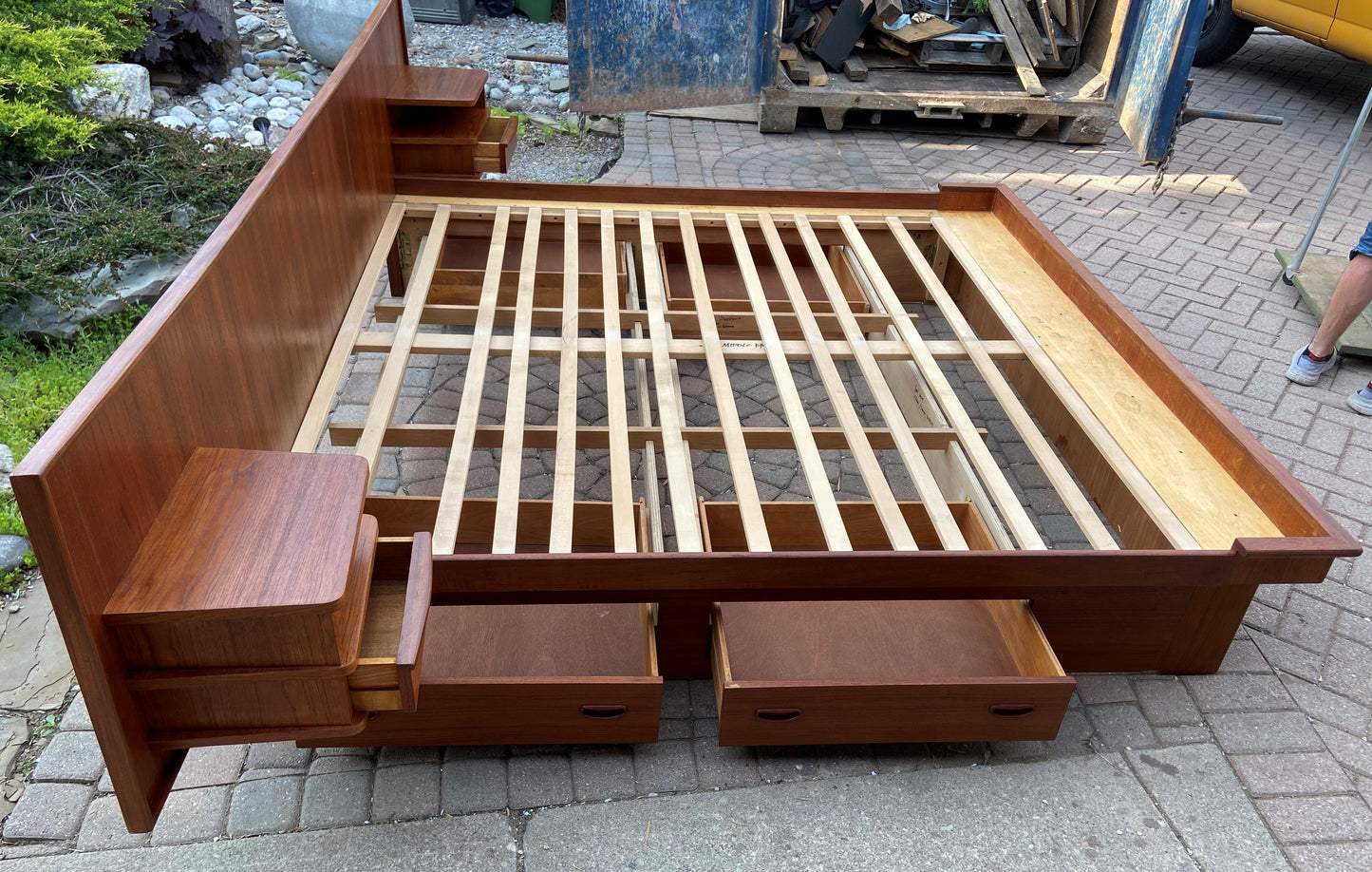 REFINISHED MCM Teak King Bed w Storage Drawers & Floating Night Stands, PERFECT