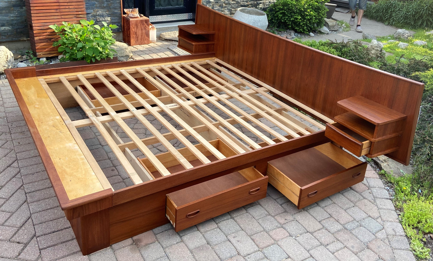 REFINISHED MCM Teak King Bed w Storage Drawers & Floating Night Stands, PERFECT