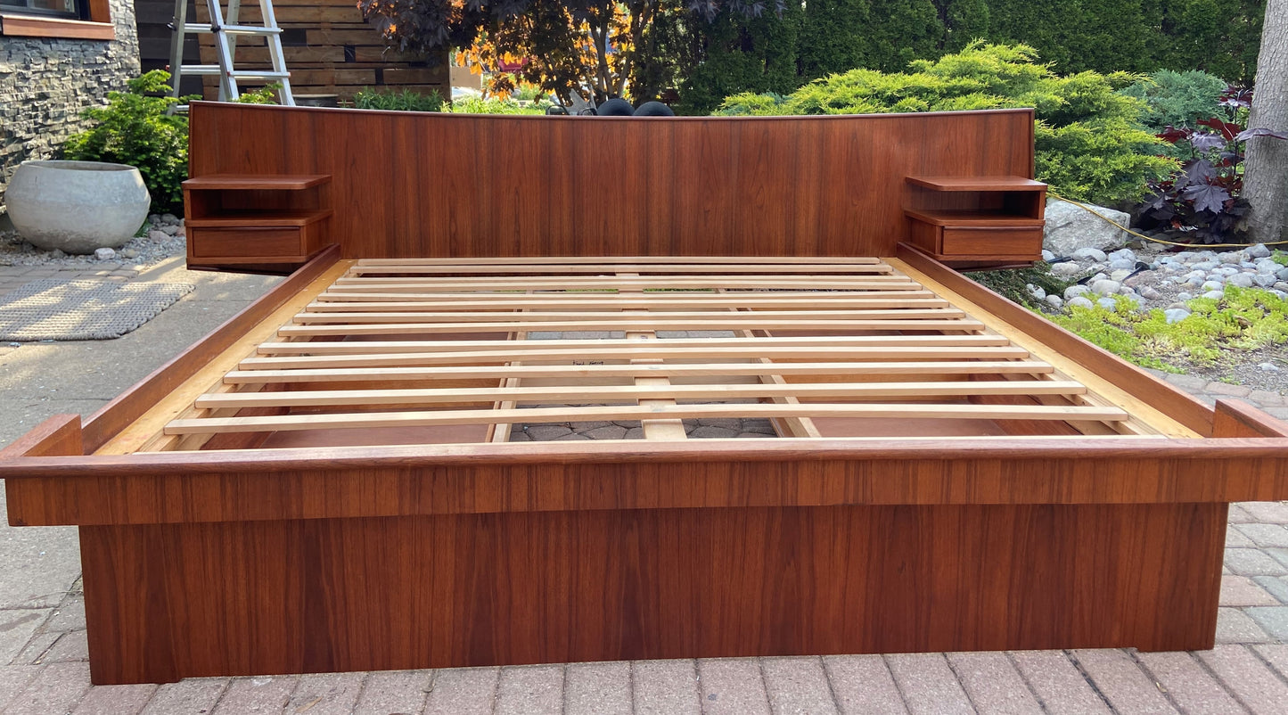 REFINISHED MCM Teak King Bed w Storage Drawers & Floating Night Stands, PERFECT