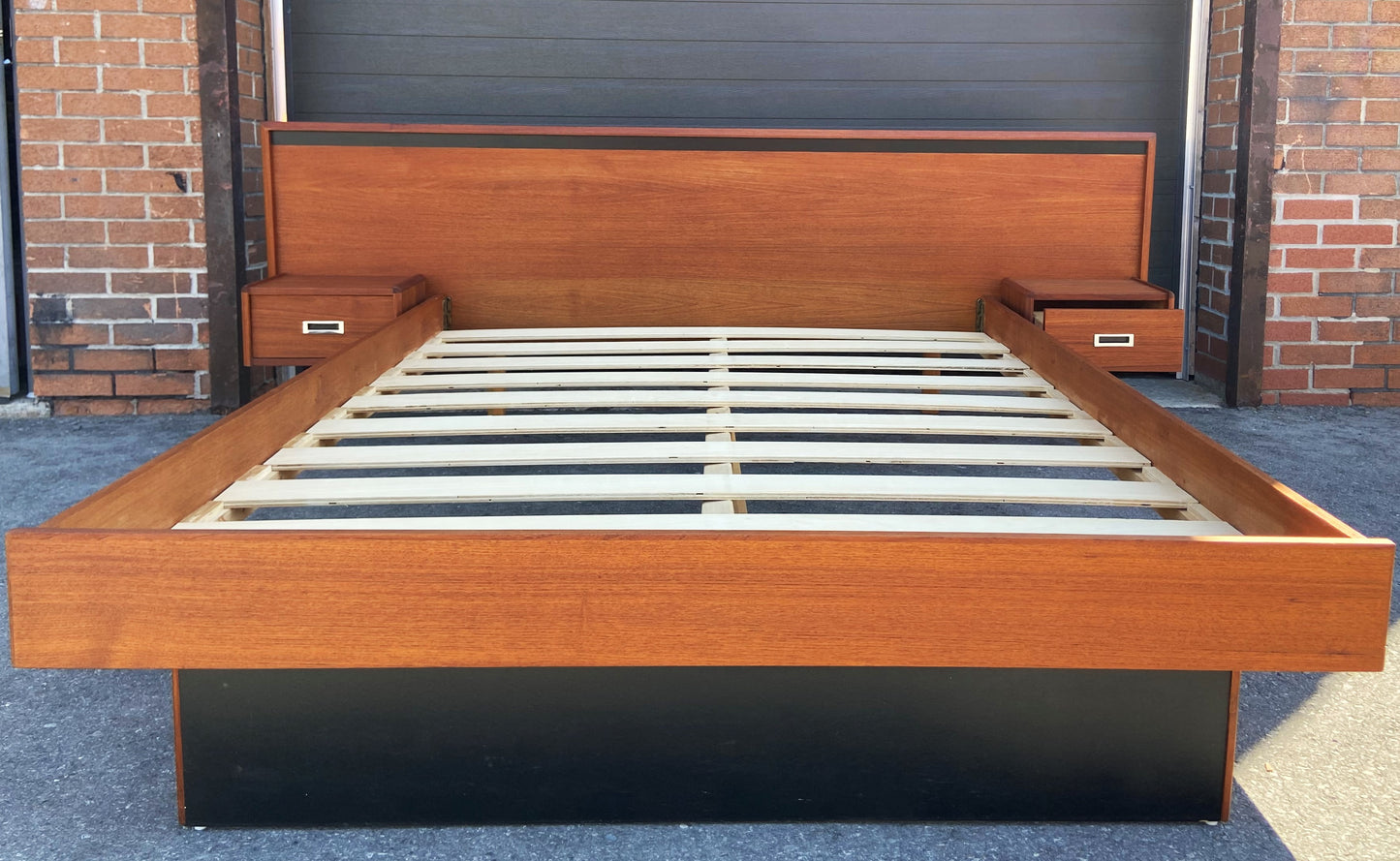 REFINISHED Queen Mid Century Modern Teak Bed w floating nightstands