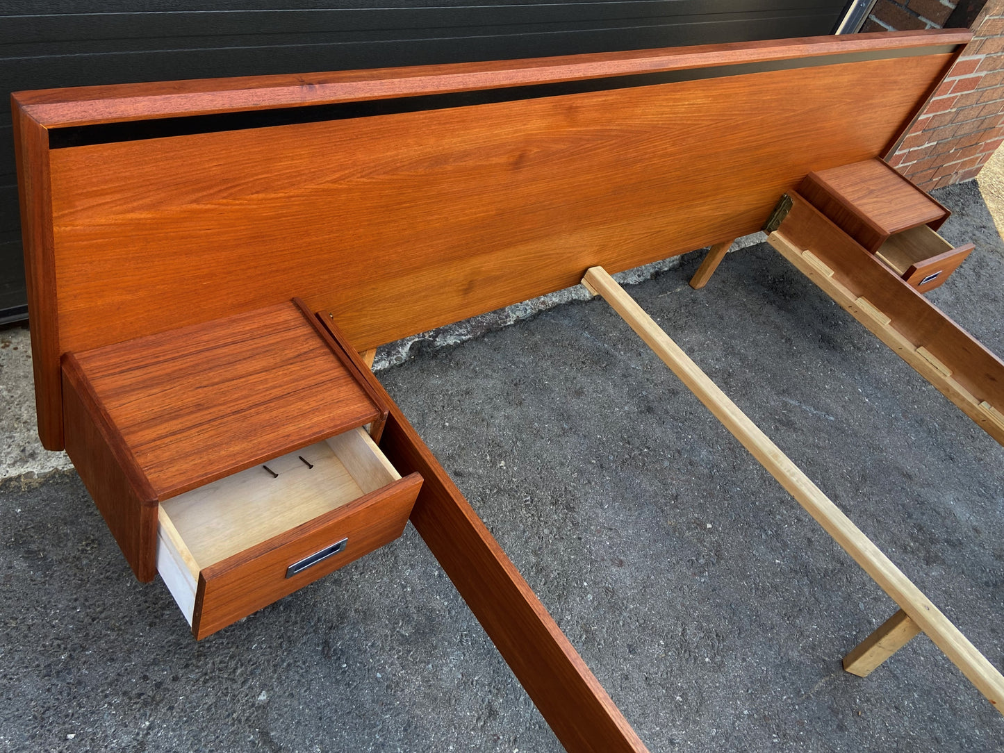 REFINISHED Queen Mid Century Modern Teak Bed w floating nightstands