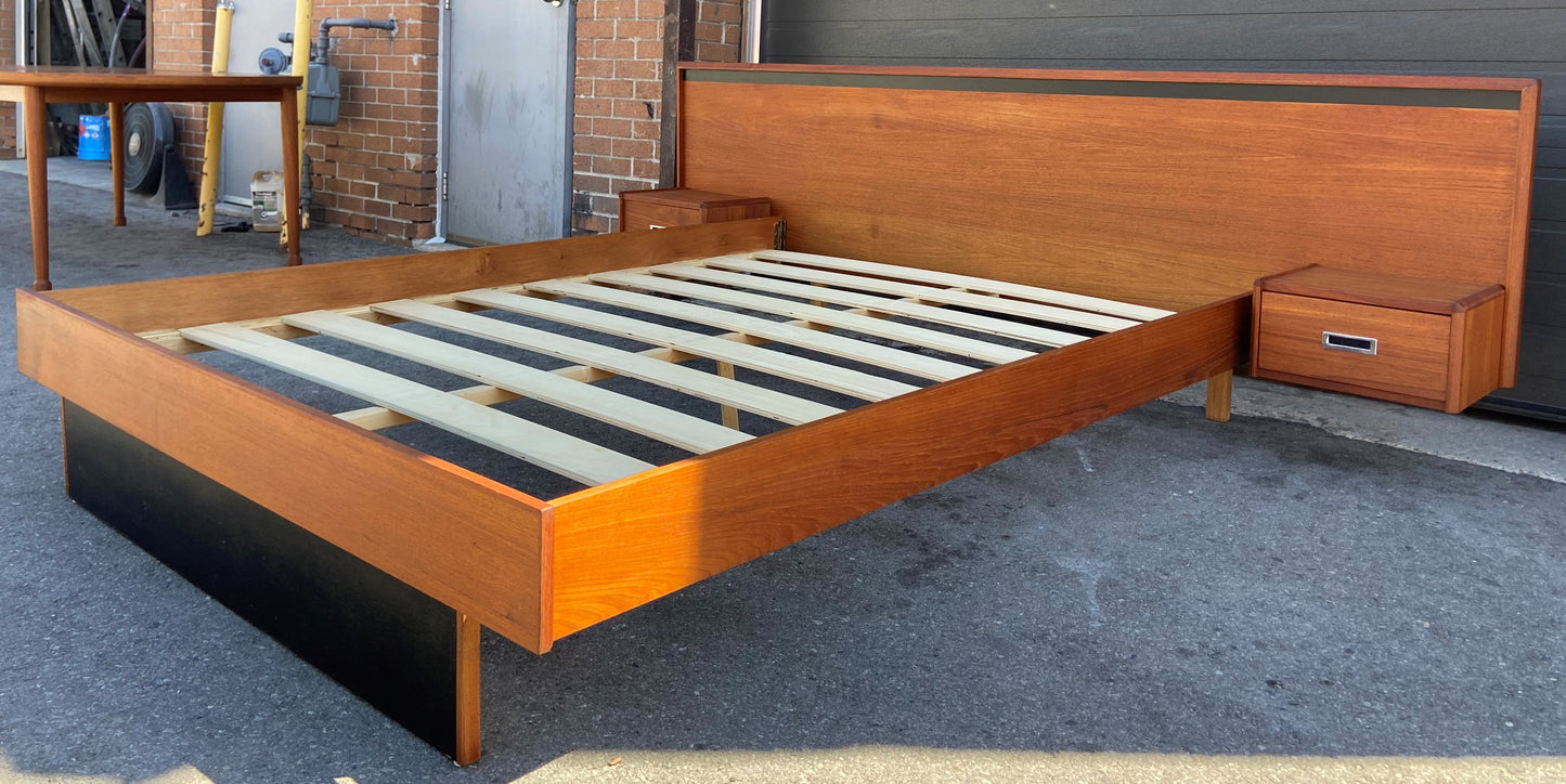 REFINISHED Queen Mid Century Modern Teak Bed w floating nightstands