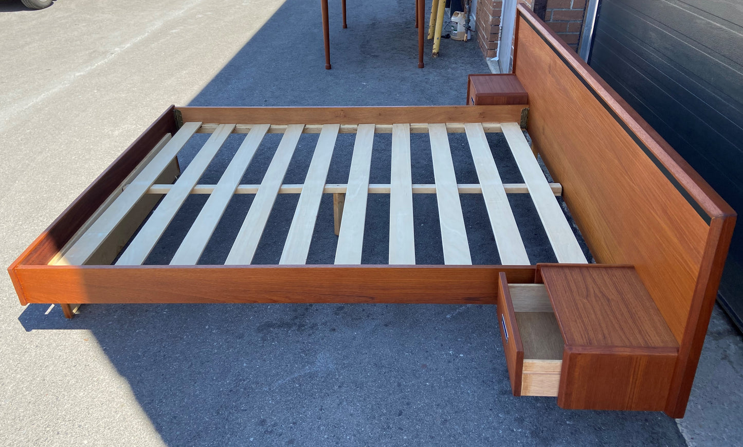 REFINISHED Queen Mid Century Modern Teak Bed w floating nightstands