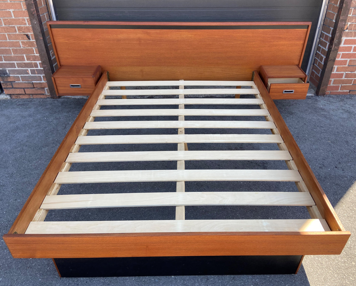 REFINISHED Queen Mid Century Modern Teak Bed w floating nightstands