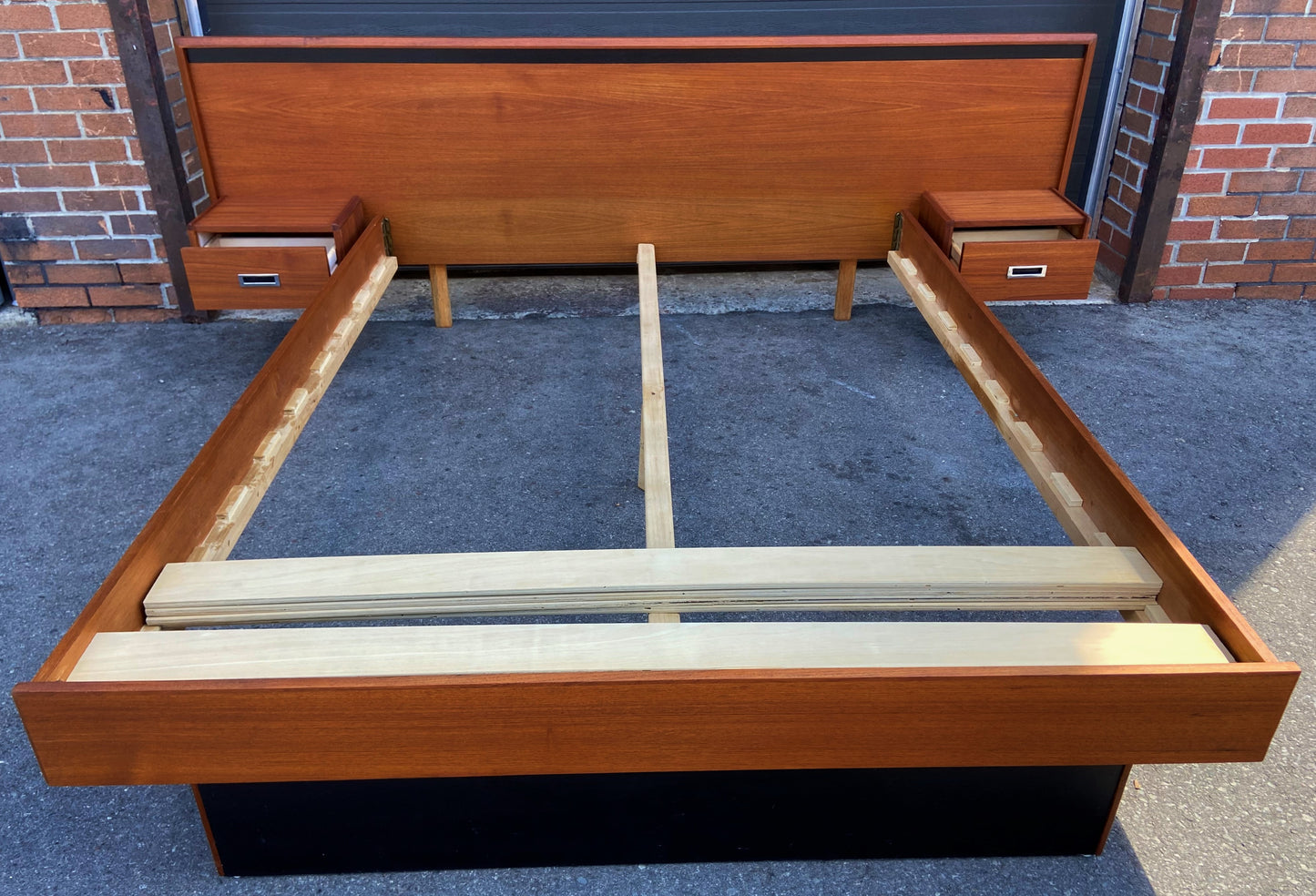 REFINISHED Queen Mid Century Modern Teak Bed w floating nightstands