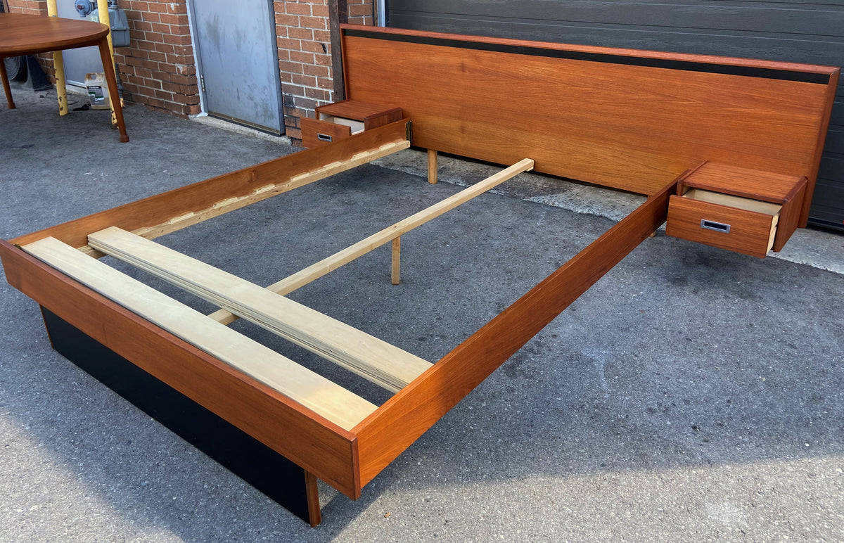 REFINISHED Queen Mid Century Modern Teak Bed w floating nightstands